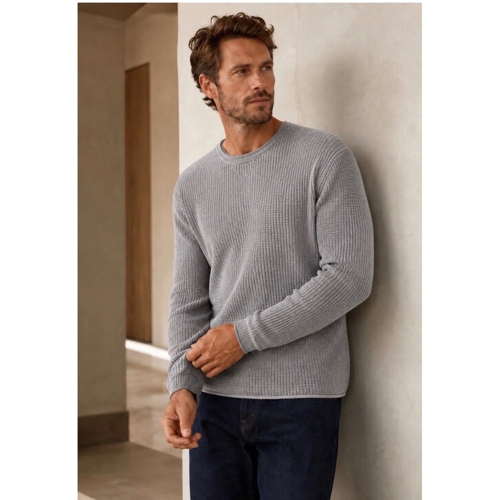 Billy Reid Sweater Mens Large Grey Cotton Cashmere Waffle Knit Crewneck Luxury